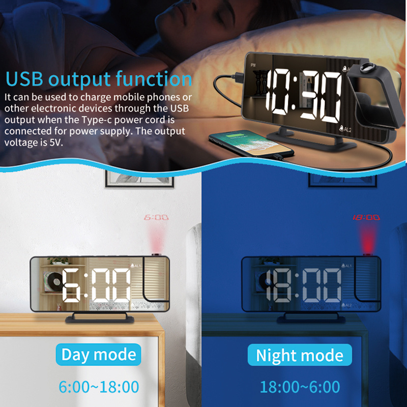 2023 New Silent Working Bedroom Time Projection Desktop Electronic Clock Project Mirror Alarm Digital LED Clock