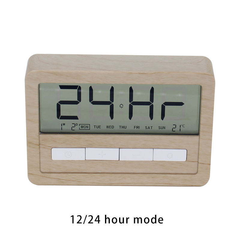 Home desktop electronic clock, living room wood grain decoration, LCD transparent display, digital alarm clock