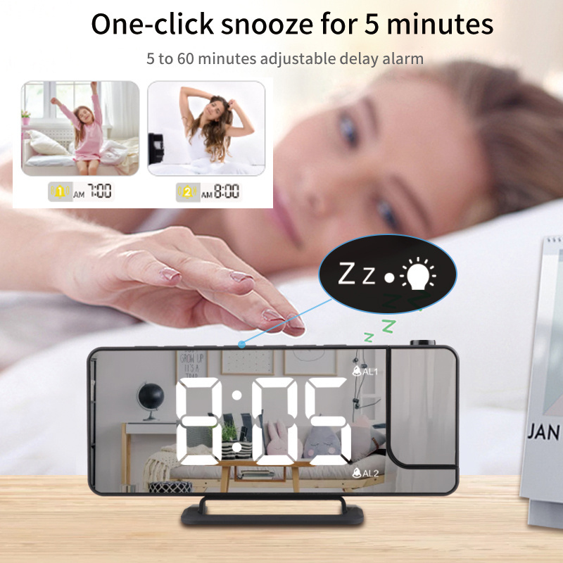 2023 New Silent Working Bedroom Time Projection Desktop Electronic Clock Project Mirror Alarm Digital LED Clock