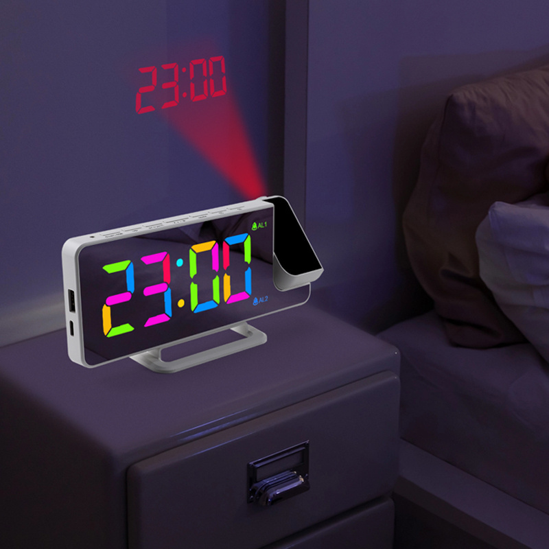 New RGB Colorful LED Digital display Bedroom Desktop Electronic  Projection Clock Mirror Alarm Clock with USB Charging