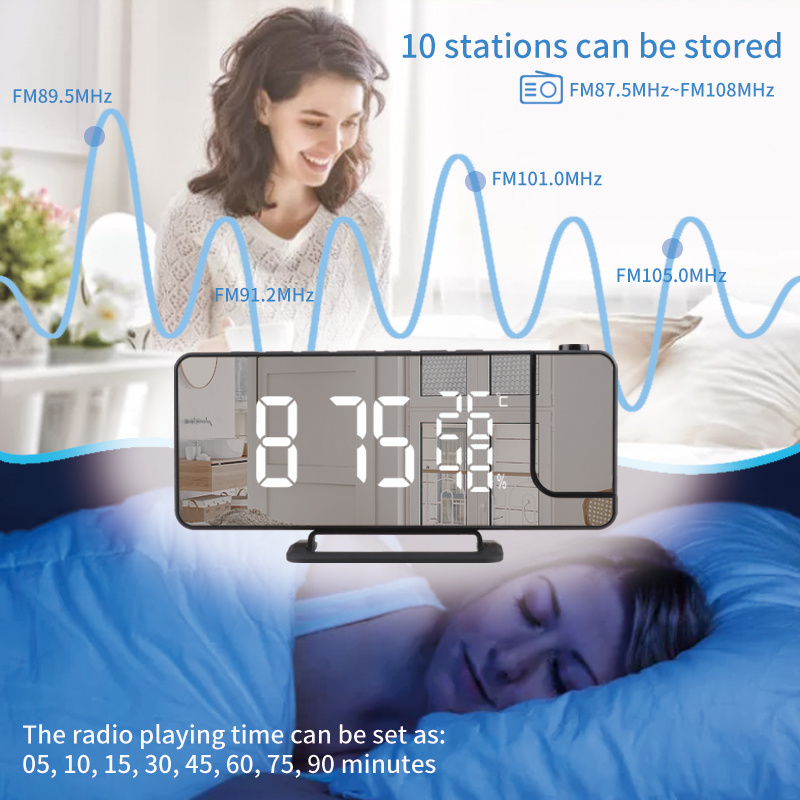 Projection Alarm Clock Wall Decoration Electronic Digital Clocks With FM Radio Projector Thermometer Humidity Mirror clock