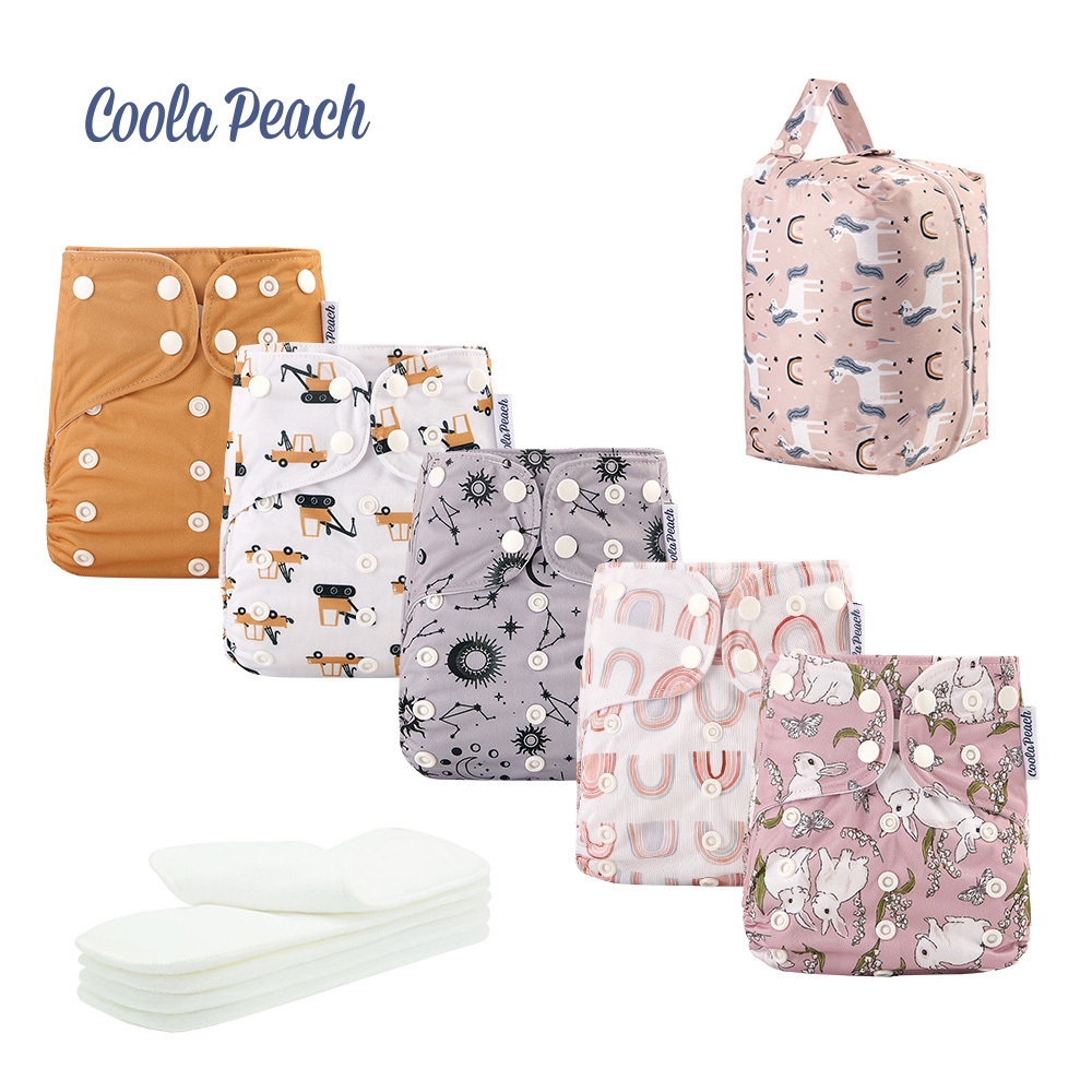 Coola peach 5pcs/set with inserts reusable baby diapers recyclable baby diapers soft comfortable baby cloth diapers