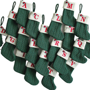 Christmas Stocking Green 26 Letter Flower Animal Footprint Pattern Knitted Decorative Socks Christmas Tree Socks