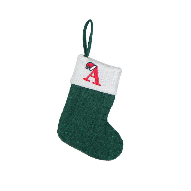 Christmas Stocking Green 26 Letter Flower Animal Footprint Pattern Knitted Decorative Socks Christmas Tree Socks