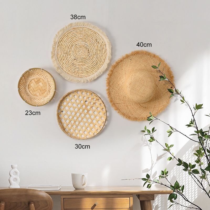 Hand-woven Grass Wall Hanging Basket Bohemian Grass Rattan Woven Wall Decoration Circular Wicker Basket Plates Wall Hanging