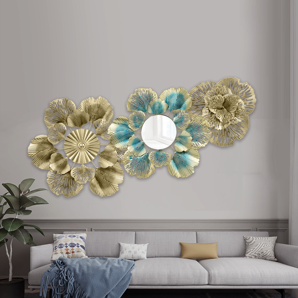 Circle wrought iron light luxury Leaves wall decoration living room Gold Metal Flower Mirror Wall Hanging Decoration