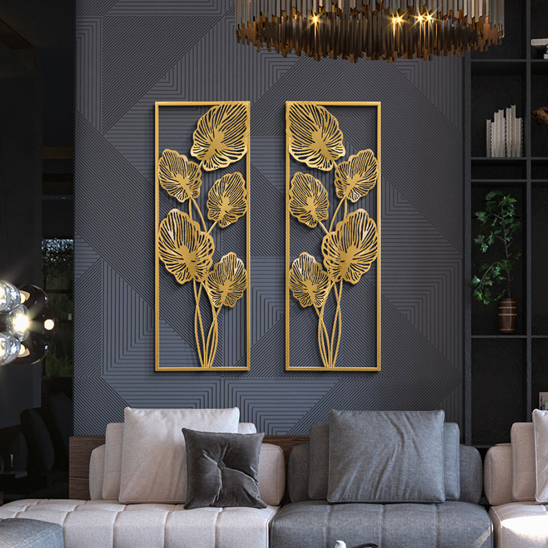 Big Size Rectangle Modern Wrought Iron Wall Decoration Wrought Gold Iron Palm Ginkgo Pear  Leaves Display Art Hanging on Wall