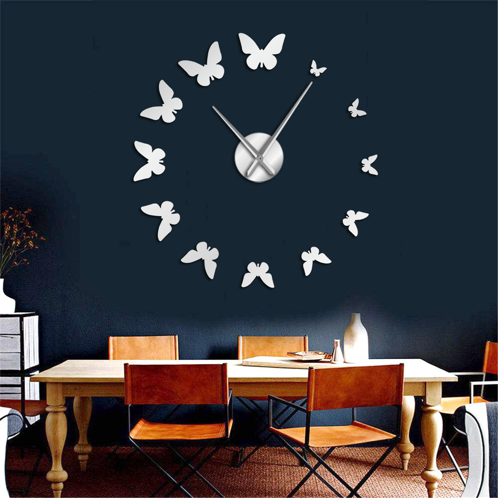 Butterfly 3d Diy Mirror Surface Wall Clock Large Size Wall Decorative Clocks Silent Non Ticking Movement DIY Big Size Clock