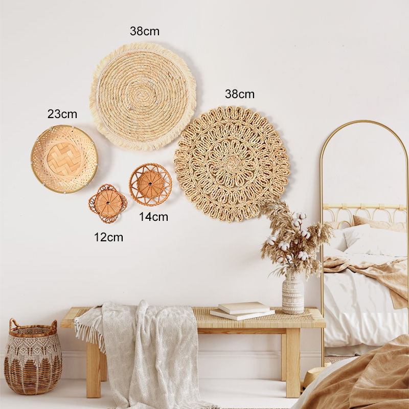 Hand-woven Grass Wall Hanging Basket Bohemian Grass Rattan Woven Wall Decoration Circular Wicker Basket Plates Wall Hanging