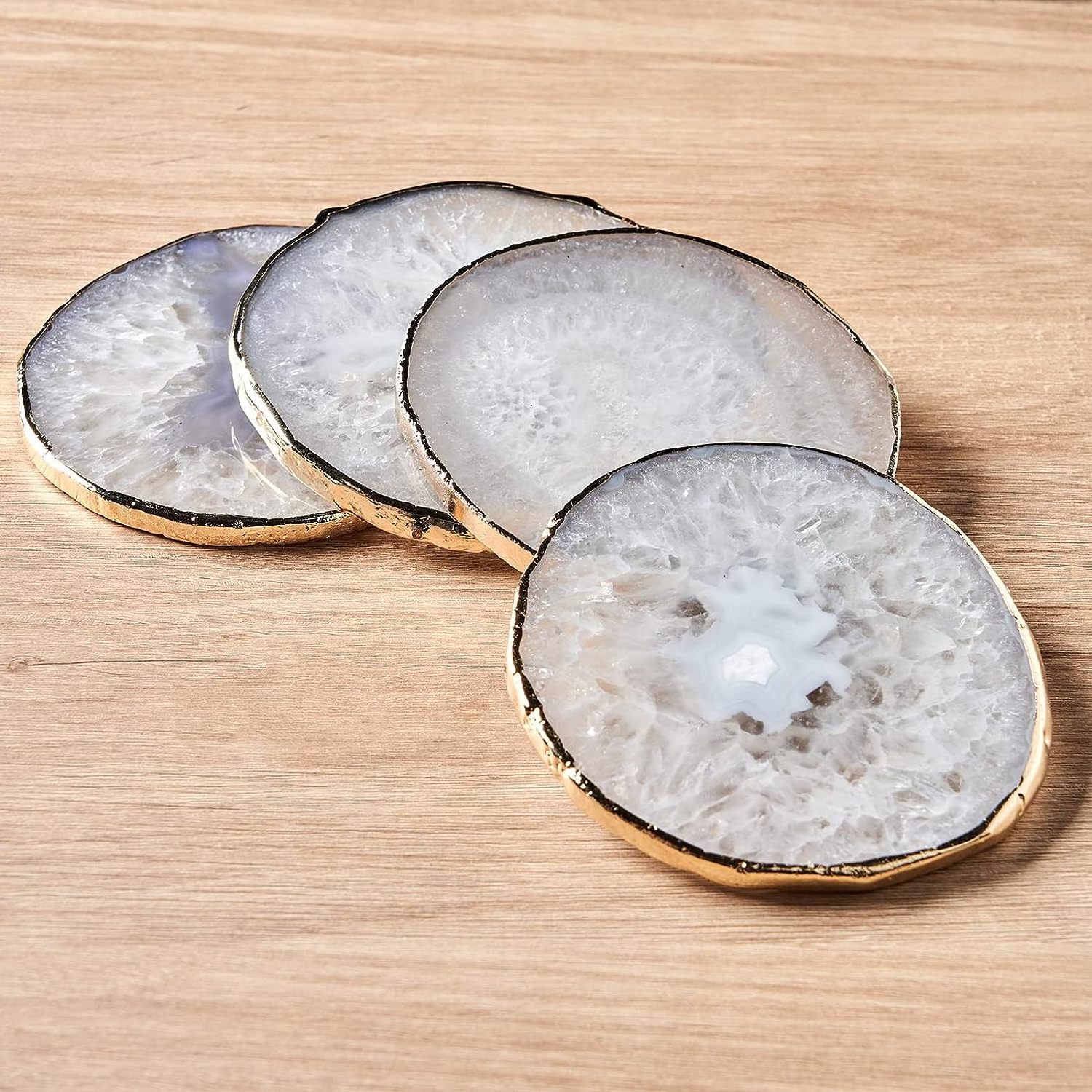 Hot Sale Table Top Cup Coaster Silver Crystal Agate Slice Coaster With Gold Plated Set Of 4 Piece