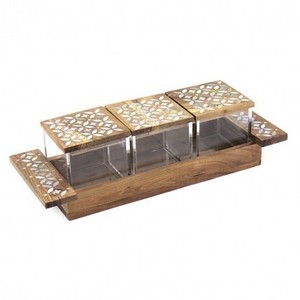 Latest Wooden Serving Tray With Acrylic Dry Fruits Jar Mother of Pearl Inlay Jar Lid At Cheap Price