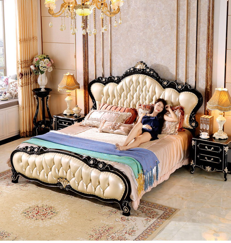 American bed solid wood leather double bed 1.8m European Master bedroom furniture luxury Princess Wedding bed