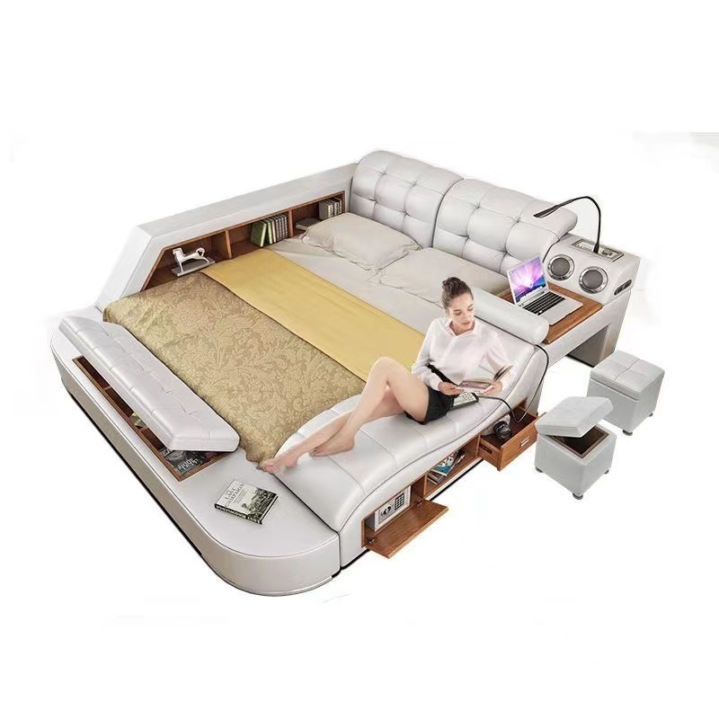 Multi function bed with massage and music pu leather upholstered bed with led