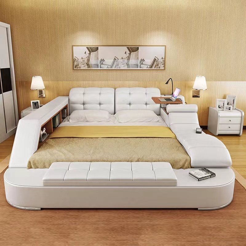 Multi function bed with massage and music pu leather upholstered bed with led