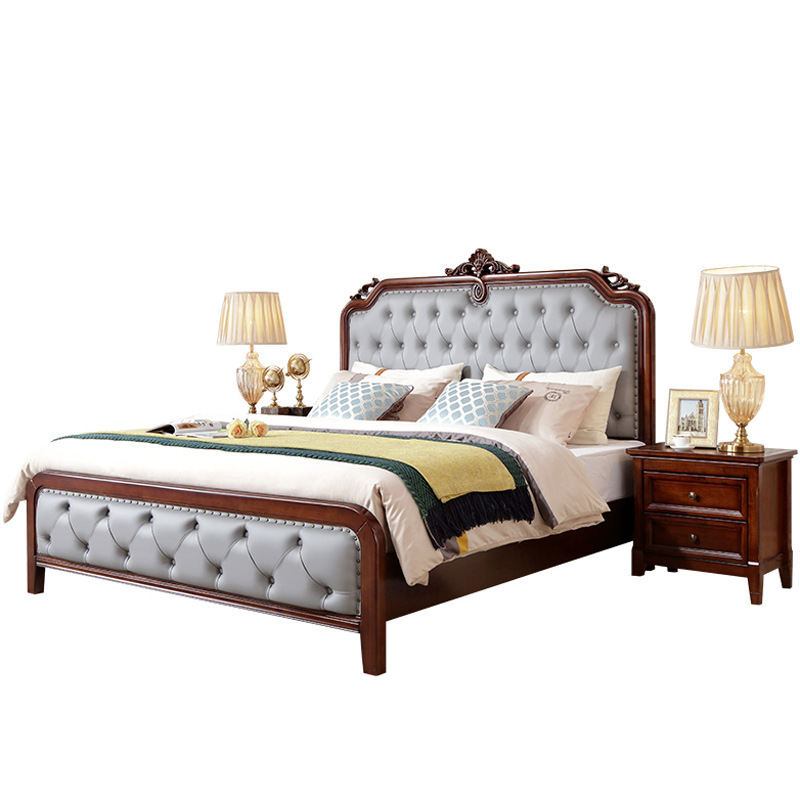 American style European Modern Solid Wood king size microfiber leather bed for bedroom furniture with Storage for hotel