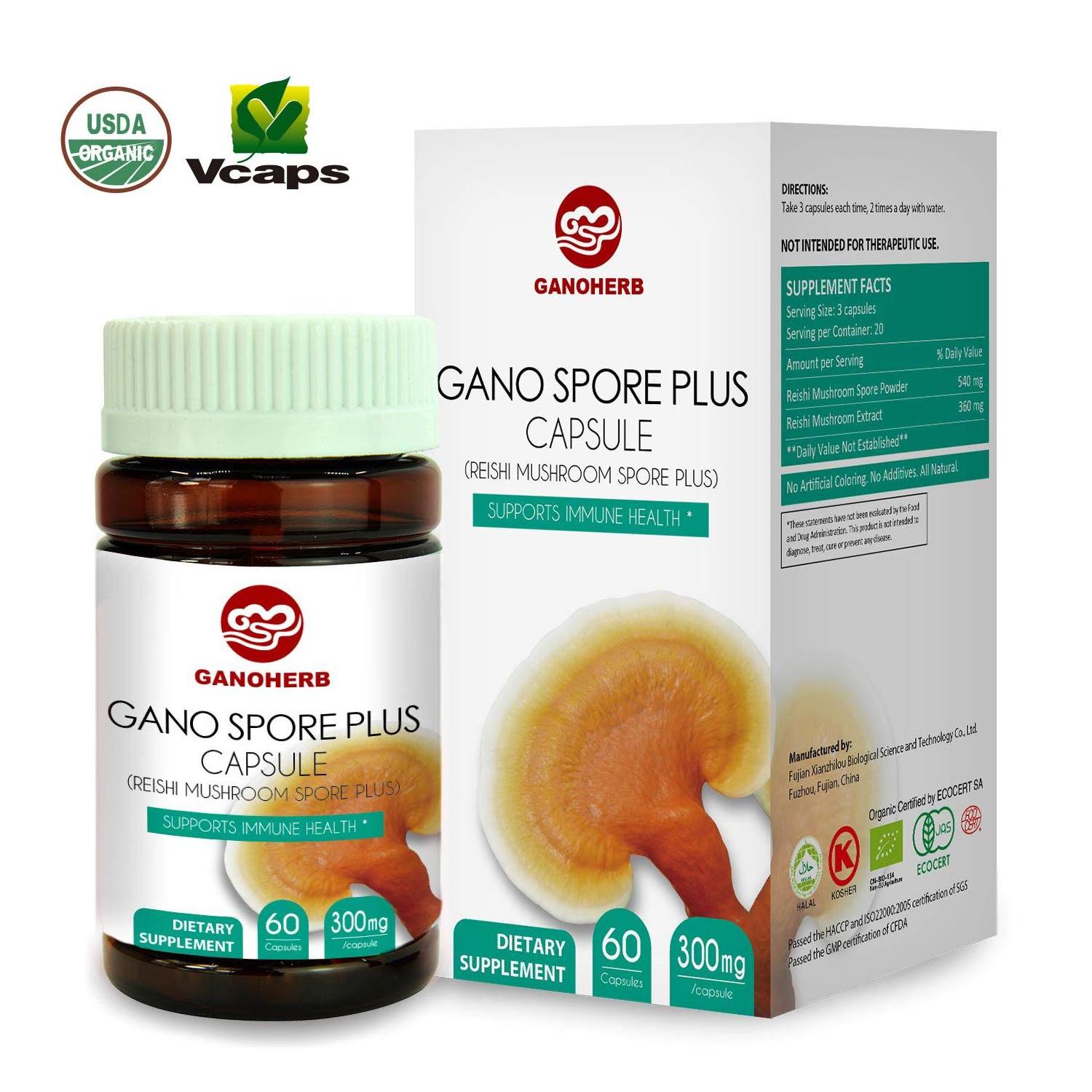 Ganoherb Reishi Mushroom Spore USDA Organic Ganoderma Lucidum Extract Supplement Immune System Booster capsules