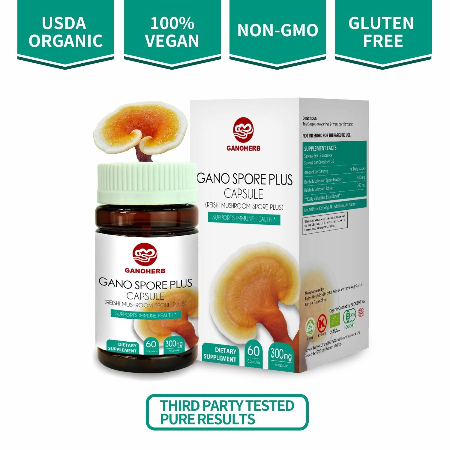 Ganoherb Reishi Mushroom Spore USDA Organic Ganoderma Lucidum Extract Supplement Immune System Booster capsules