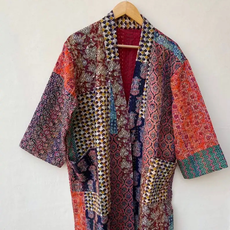 Exclusive Fashion Long Sleeve Floral Handmade Cotton Printed Unisex Kantha Kimono Jackets With Belt at Wholesale Factory Prices