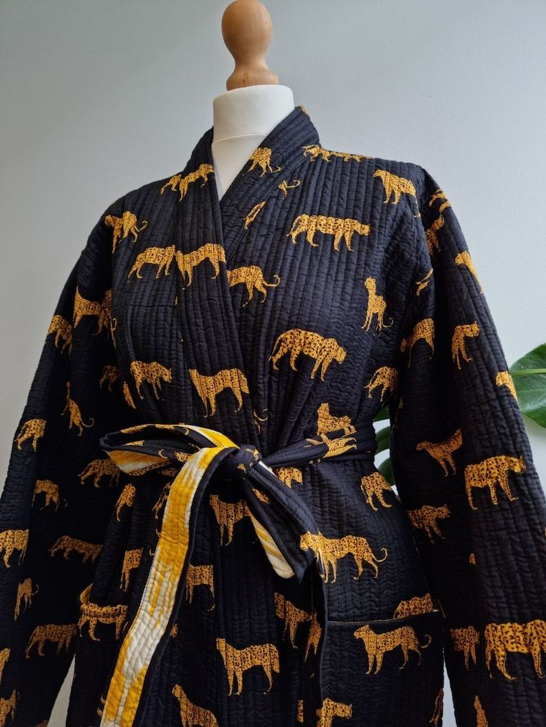 Animal Leopard Inspired Black Cotton Kimono Robe Bridesmaid Robes Light Weight Night Wear Cotton Dress Boho Shower Robes Bulk