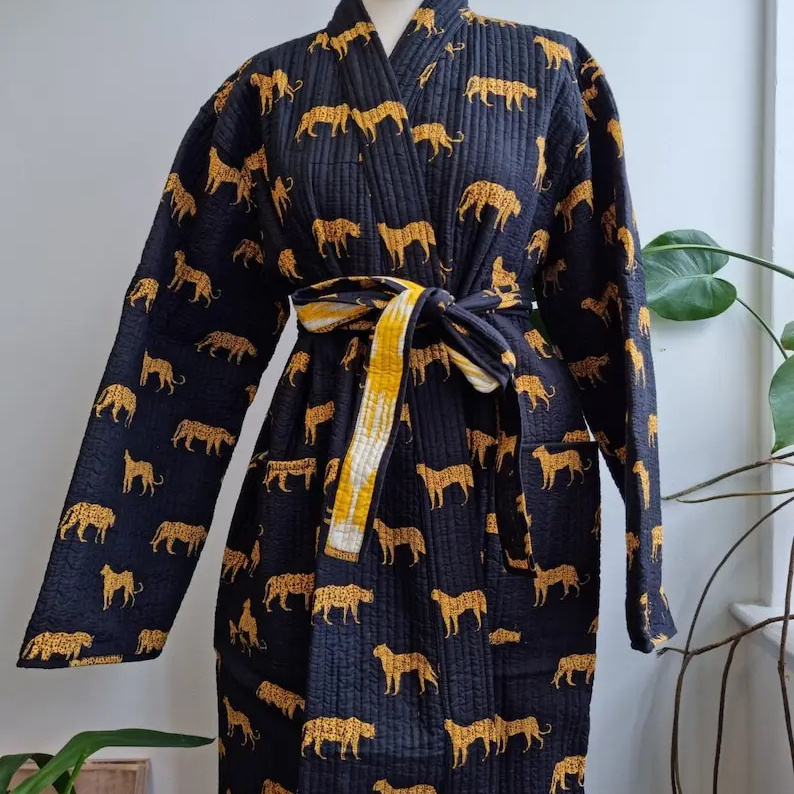 Animal Leopard Inspired Black Cotton Kimono Robe Bridesmaid Robes Light Weight Night Wear Cotton Dress Boho Shower Robes Bulk