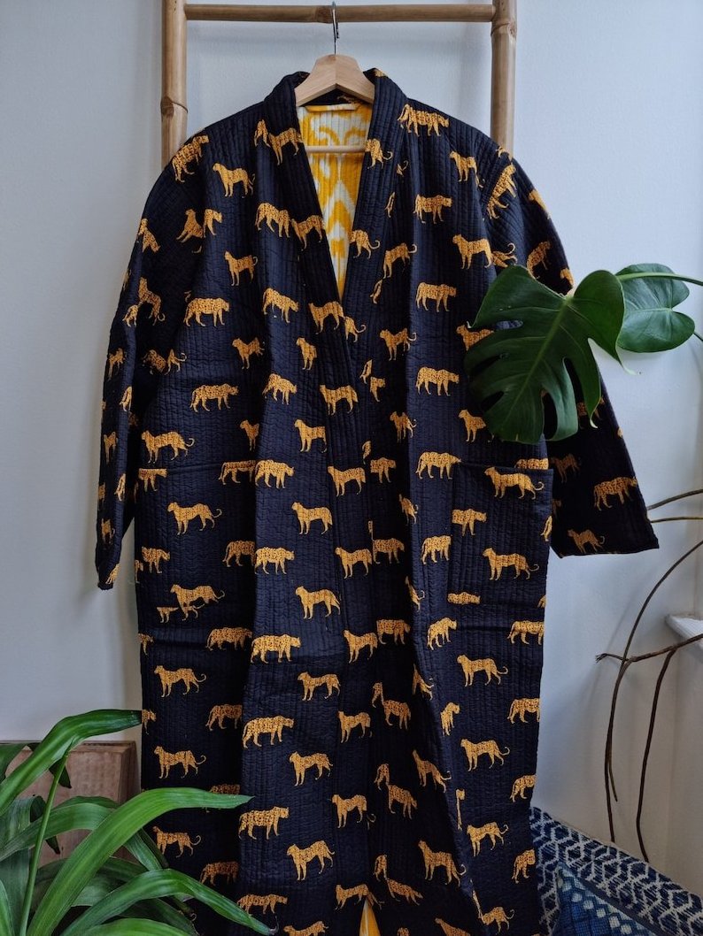 Animal Leopard Inspired Black Cotton Kimono Robe Bridesmaid Robes Light Weight Night Wear Cotton Dress Boho Shower Robes Bulk