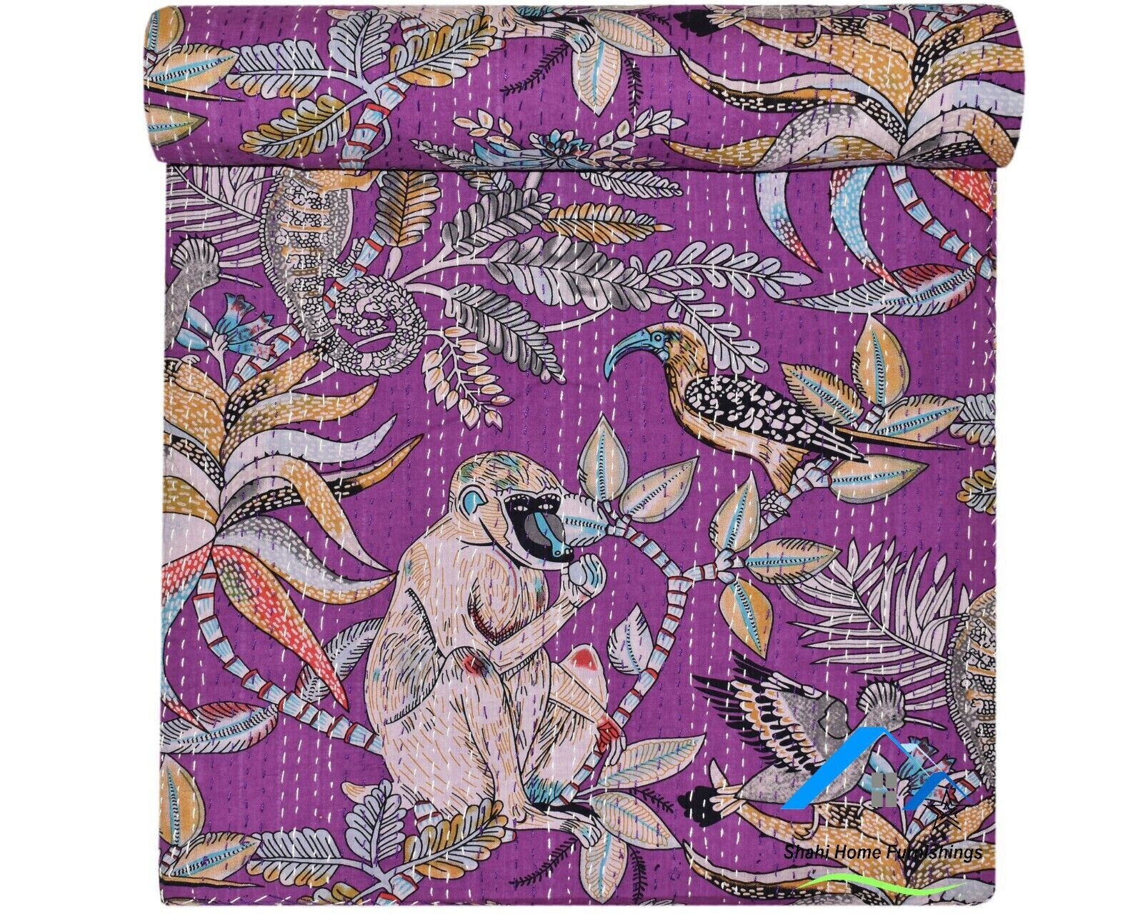 Patch Work Kantha Quilts & Bedspreads Handmade Kantha Quilts Purple Colour Animal Print Bedspread Cotton Coverlet Wholesale OEM