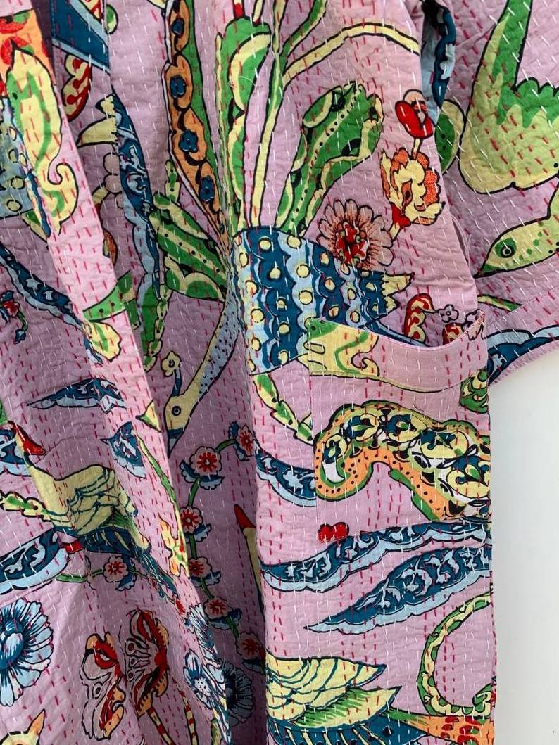 Best Quality Floral Print Kantha Kimono Robes for Ladies Sleepwear and Nightwear Long Cotton Quilted Jacket from Indian Exporter