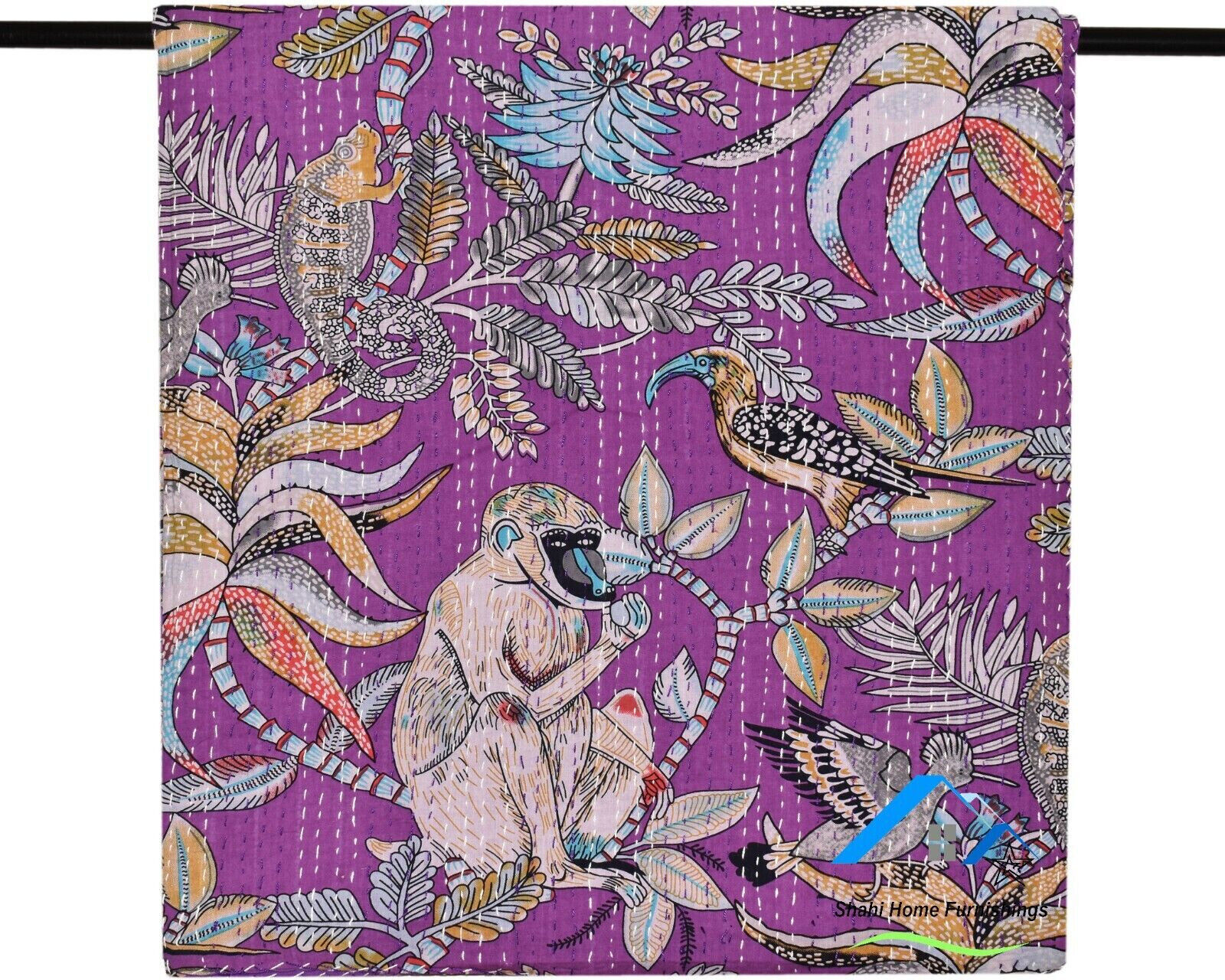 Patch Work Kantha Quilts & Bedspreads Handmade Kantha Quilts Purple Colour Animal Print Bedspread Cotton Coverlet Wholesale OEM