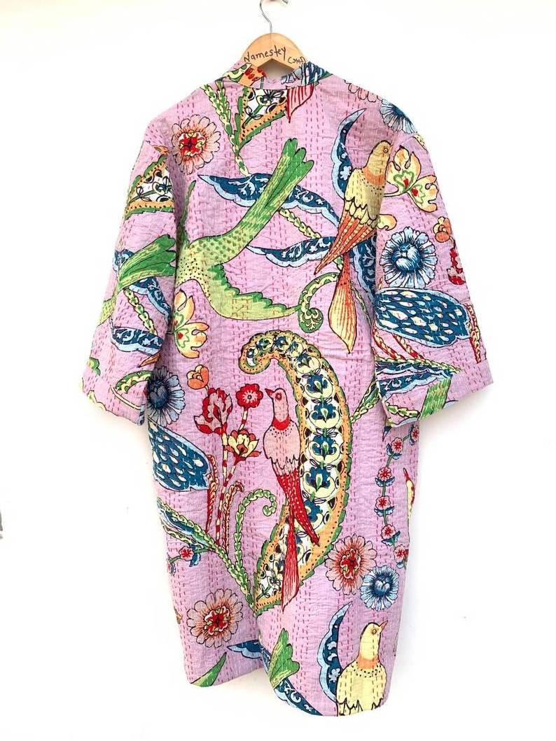 Best Quality Floral Print Kantha Kimono Robes for Ladies Sleepwear and Nightwear Long Cotton Quilted Jacket from Indian Exporter