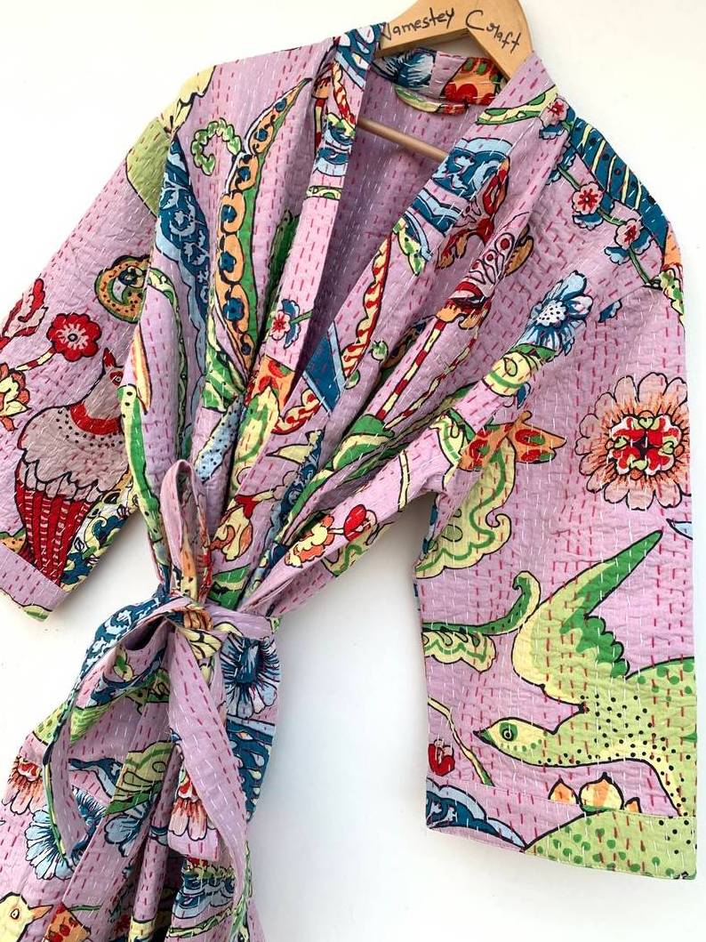 Best Quality Floral Print Kantha Kimono Robes for Ladies Sleepwear and Nightwear Long Cotton Quilted Jacket from Indian Exporter