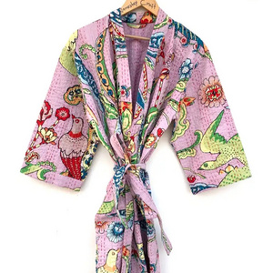 Best Quality Floral Print Kantha Kimono Robes for Ladies Sleepwear and Nightwear Long Cotton Quilted Jacket from Indian Exporter