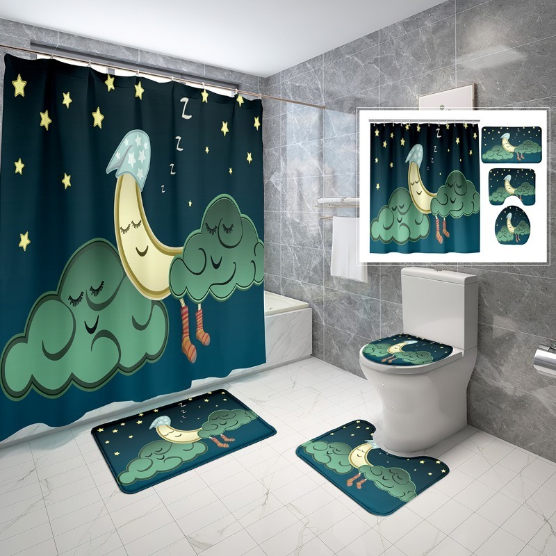 Cartoon Moon Shower Curtain Set Pink Clouds Shower Curtain Bathroom Non-Slip Bath Mat Toilet Cover Shower Curtain 4 Pcs Set