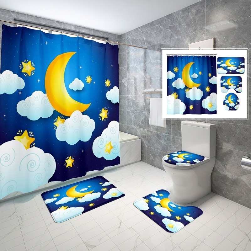 Cartoon Moon Shower Curtain Set Pink Clouds Shower Curtain Bathroom Non-Slip Bath Mat Toilet Cover Shower Curtain 4 Pcs Set