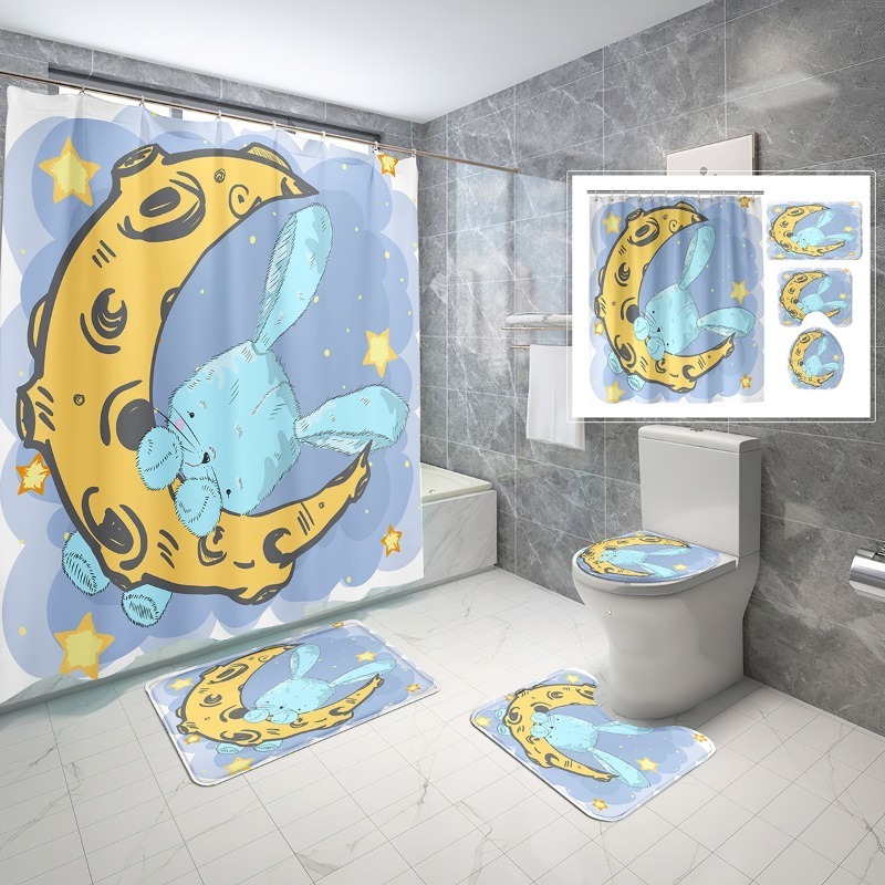 Cartoon Moon Shower Curtain Set Pink Clouds Shower Curtain Bathroom Non-Slip Bath Mat Toilet Cover Shower Curtain 4 Pcs Set