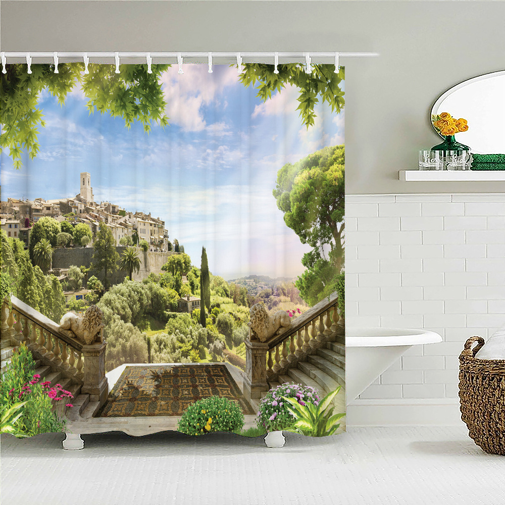 European Vintage Township Beautiful Landscape Shower Curtain Bathroom Bathtub Partition Waterproof Fabric Shower Curtain