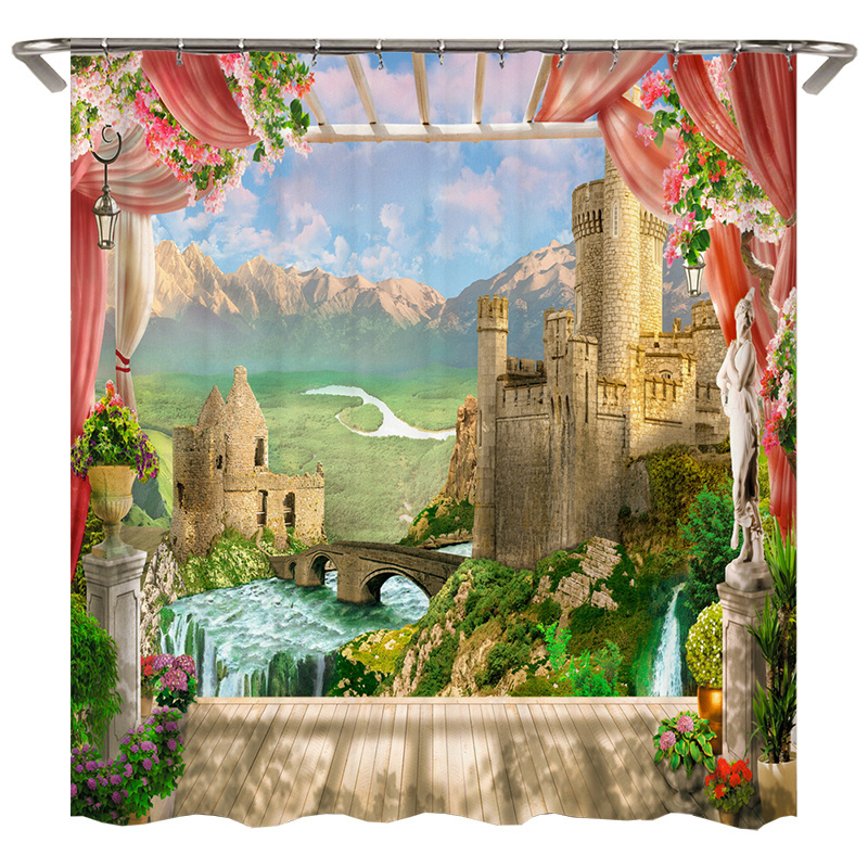 European Vintage Township Beautiful Landscape Shower Curtain Bathroom Bathtub Partition Waterproof Fabric Shower Curtain