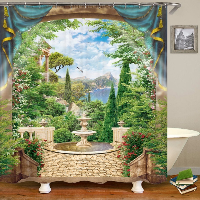 European Vintage Township Beautiful Landscape Shower Curtain Bathroom Bathtub Partition Waterproof Fabric Shower Curtain