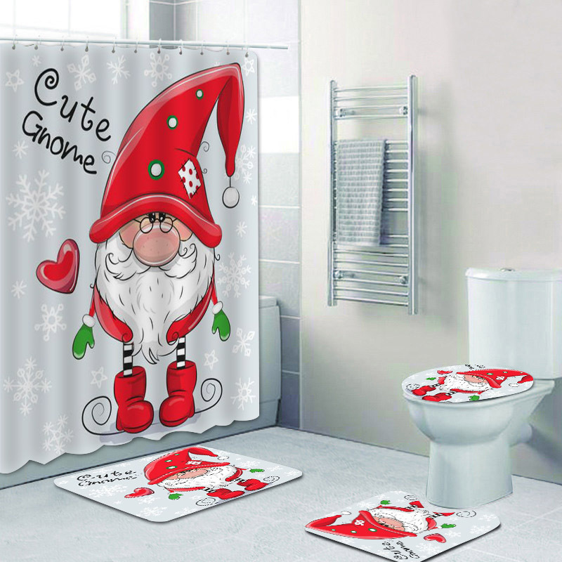 Cute Cartoon Gnome Christmas Shower Curtain Bathroom Curtains Set Elf Dwarf Painting Curtain for Kids Bathtub Decor Rug Carpet