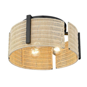 Rattan  Flush Mount Ceiling Light, with Woven Cage Shade, Farmhouse Wicker Ceiling Light for Entryway Porch Hallway Kitchen