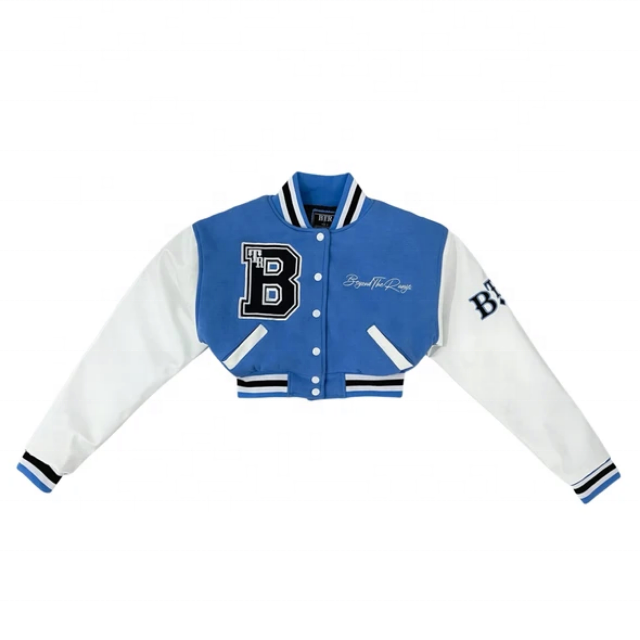 High Quality Custom Wool Body Leather Sleeves Letterman Jacket with Chenille Embroidery women crop varsity jackets