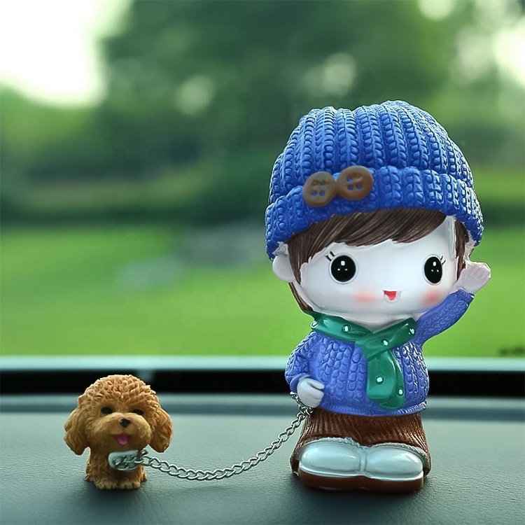 Cute Resin Dog Walking Doll Figurine Cartoon Car Ornament Accessories For Boy Girl Gifts