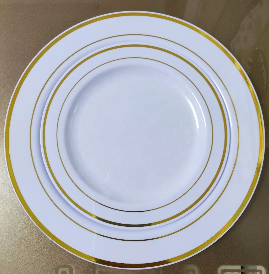 Gold silver rim white dessert plate sets chargers plastic wedding party restaurant dinner disposable charger plates dishes