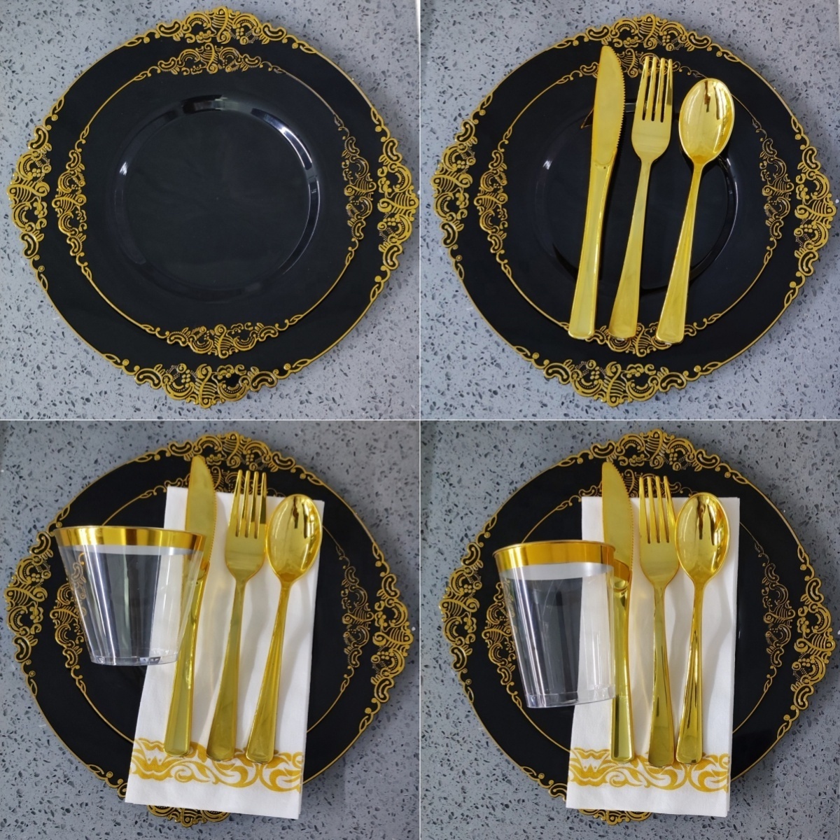 Black white Gold rim Party wedding Supplies Disposable dinner Plastic Charger Plates dishes antique tableware dinnerware set