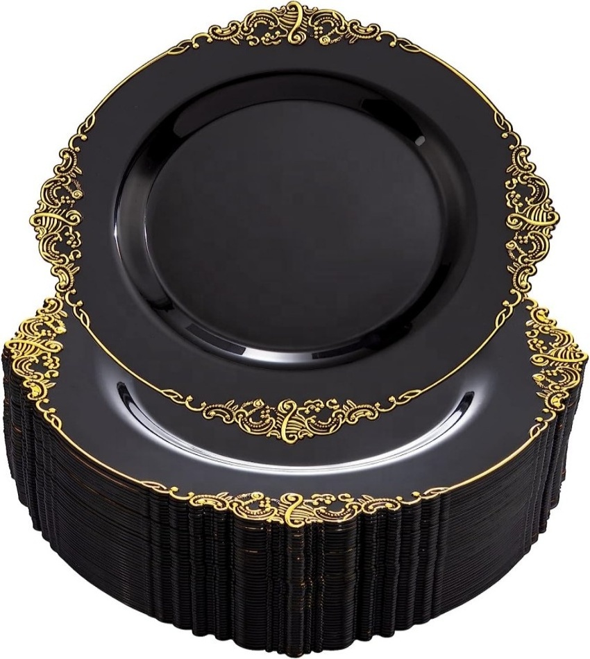 Black white Gold rim Party wedding Supplies Disposable dinner Plastic Charger Plates dishes antique tableware dinnerware set