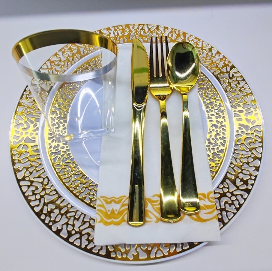 White Gold rose silver lace rim plates dishes Disposable Premium plate set chargers wedding party dinner plastic charger plates