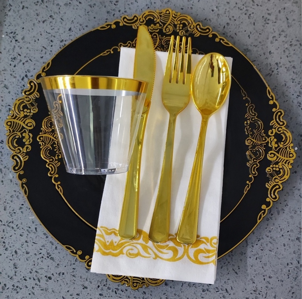 Black white Gold rim Party wedding Supplies Disposable dinner Plastic Charger Plates dishes antique tableware dinnerware set