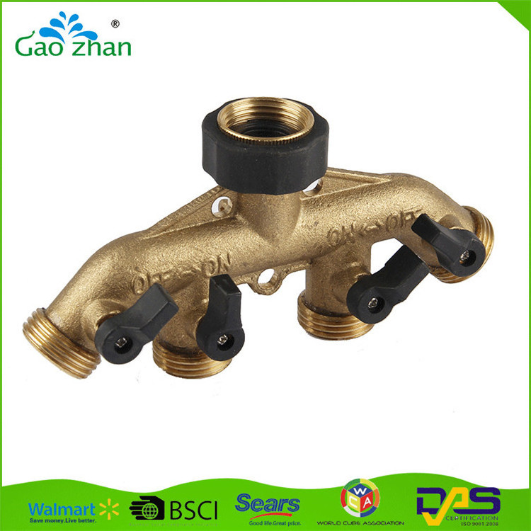 High quality brass water hose pipe 4 way splitter connector with shut off valve