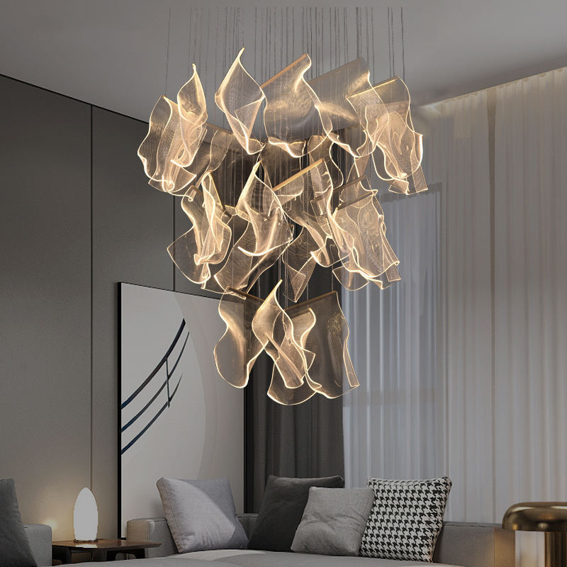 Modern luxury hotel pendant light black gold acrylic long pendant lamp staircase chandeliers