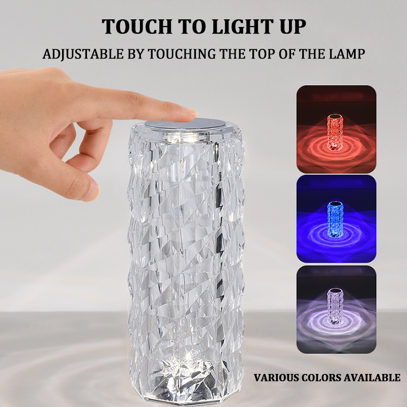 USB Rechargeable Modern Table Lamp Rose Diamond RGB LED Acrylic Crystal Table Lamp Touch Switch Night Light