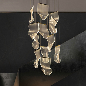 Modern luxury hotel pendant light black gold acrylic long pendant lamp staircase chandeliers